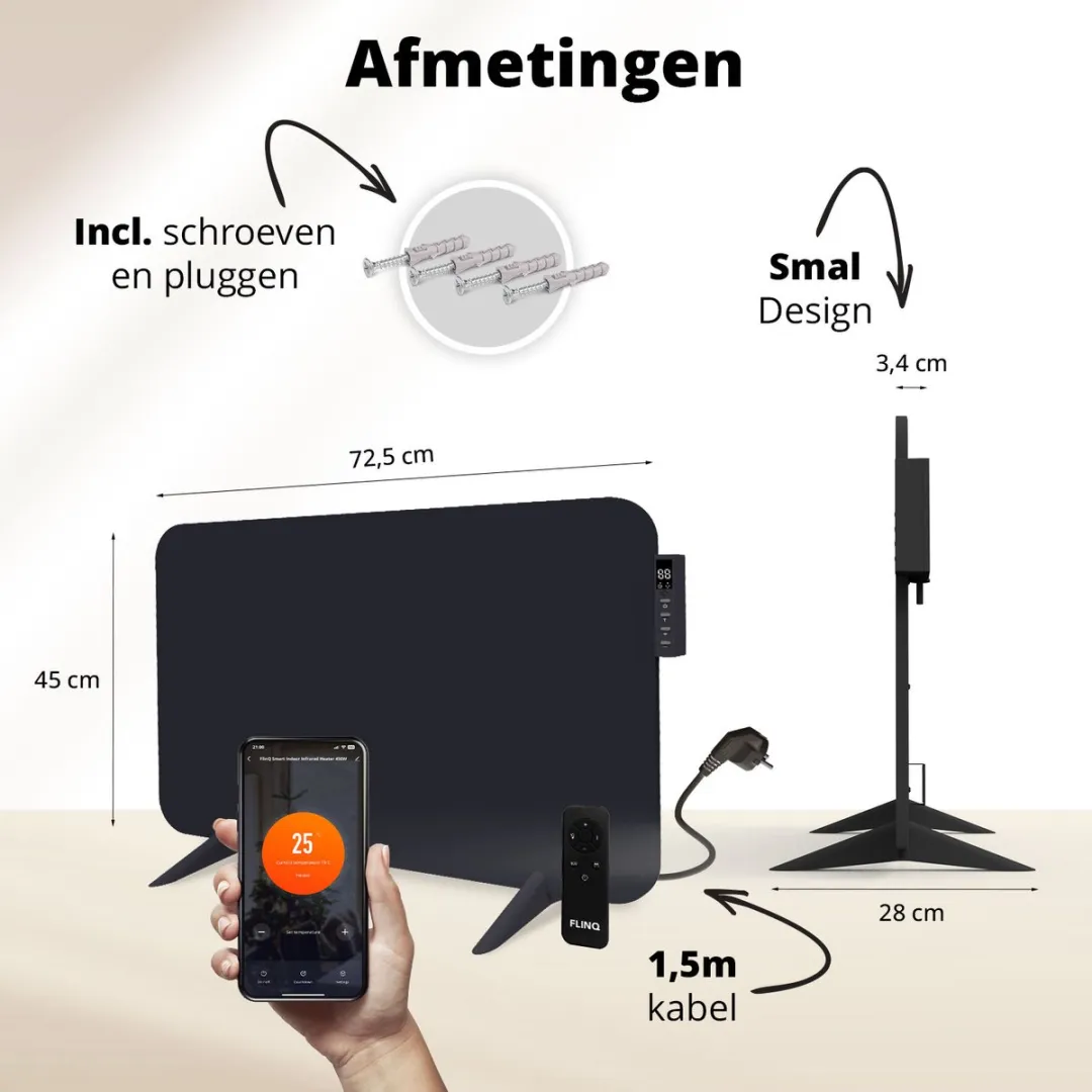 FlinQ Slimme Infrarood Verwarmingspaneel 450W - Zwart