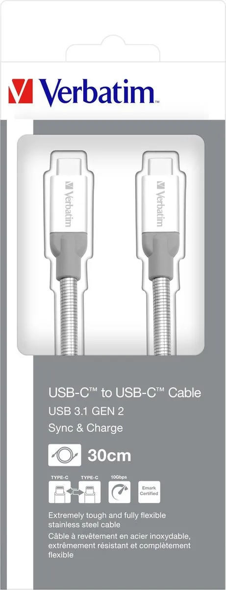 Verbatim USB-C naar USB-C Sync & Oplaadkabel 30cm - USB 3.1 - Grijs