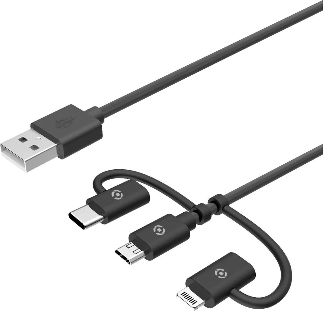 Celly 3-in-1 Universele Kabel USB-A/Lightning/Micro-USB/USB-C 1m - Zwart