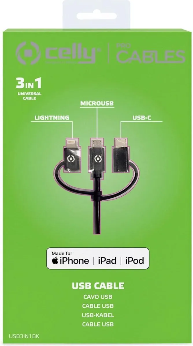 Celly 3-in-1 Universele Kabel USB-A/Lightning/Micro-USB/USB-C 1m - Zwart