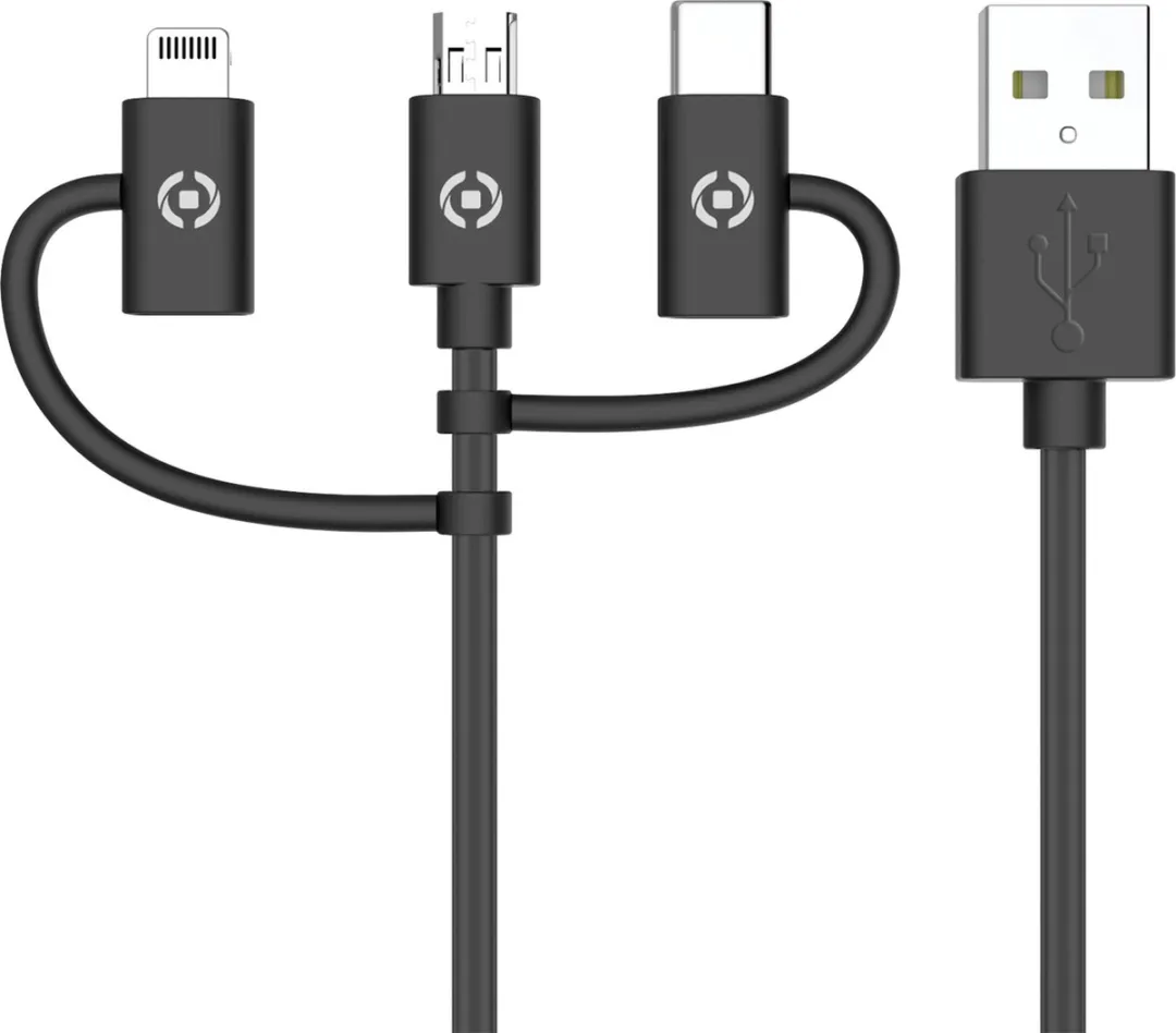 Celly 3-in-1 Universele Kabel USB-A/Lightning/Micro-USB/USB-C 1m - Zwart