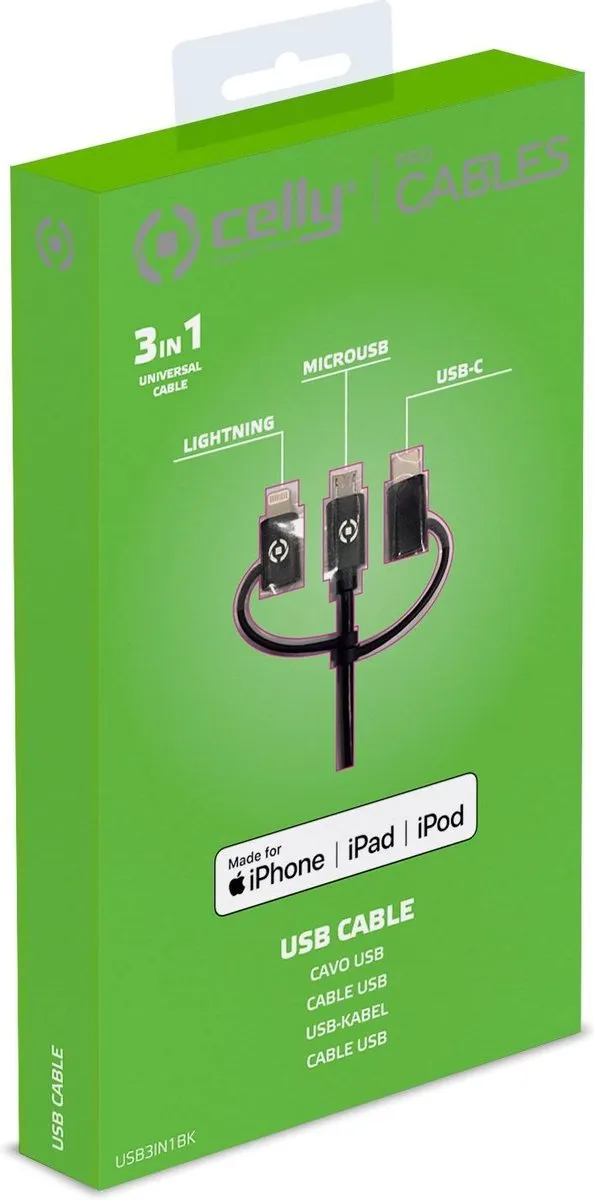 Celly 3-in-1 Universele Kabel USB-A/Lightning/Micro-USB/USB-C 1m - Zwart