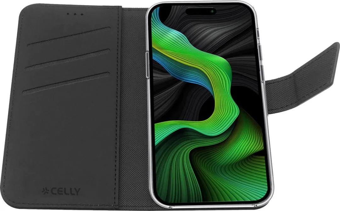 Celly Wally Bookcase Hoesje iPhone 15 Pro - Kunstleer - 3 Pasjes - Zwart
