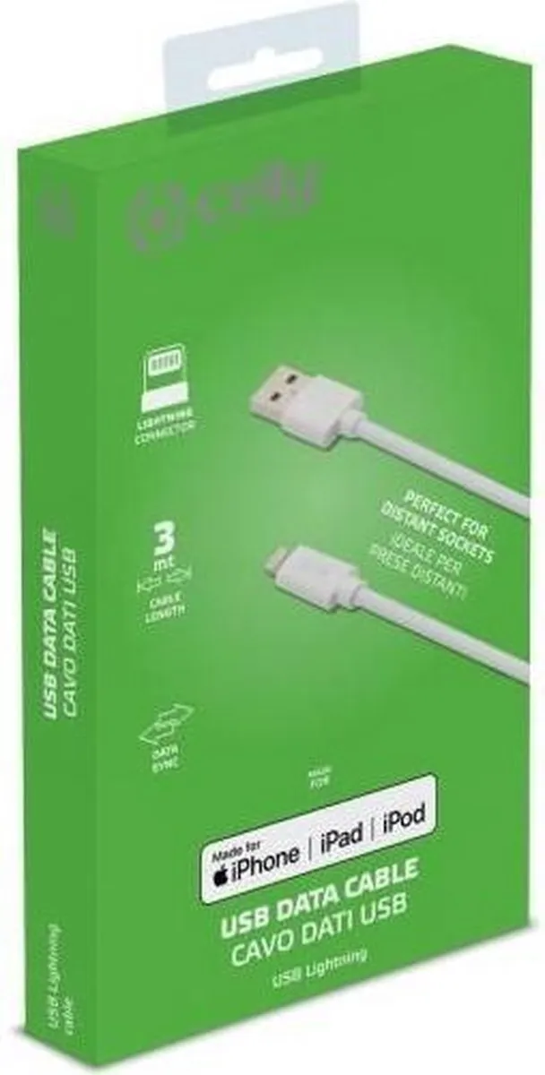 Celly Oplaadkabel USB-A naar Lightning 12W 3.0m - Wit