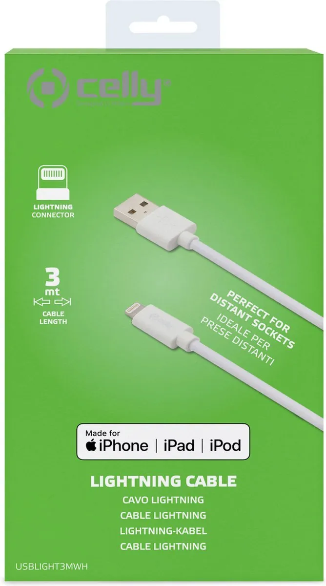 Celly Oplaadkabel USB-A naar Lightning 12W 3.0m - Wit