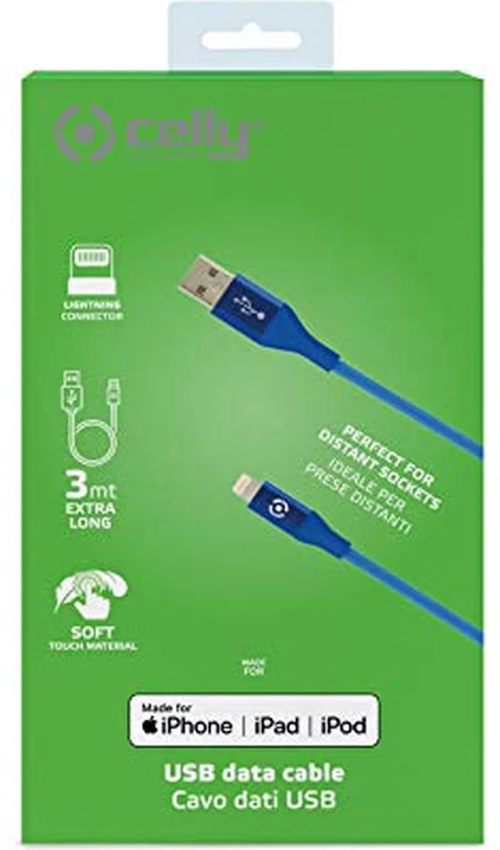 Celly Oplaadkabel USB-A naar Lightning 12W 3.0m - Blauw