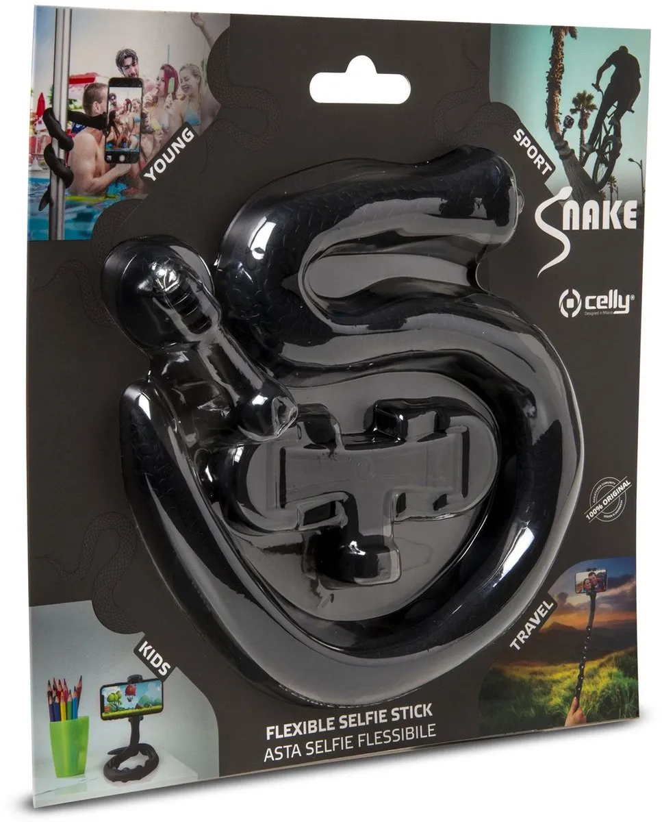 Celly Snake Selfiestick - Smartphone tot 15 Inch - 500g Draagvermogen - Zwart