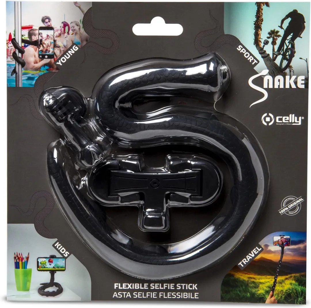 Celly Snake Selfiestick - Smartphone tot 15 Inch - 500g Draagvermogen - Zwart