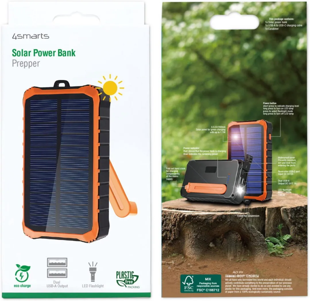 4Smarts Solar Powerbank 12000mAh - 22.1W - Zwart/Oranje