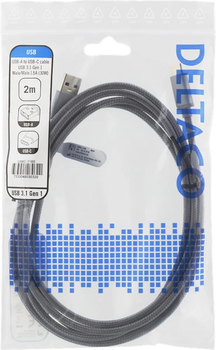 Deltaco USBC-1160 USB-C Kabel - USB-A naar USB-C - 30W - 2m - Space Grey