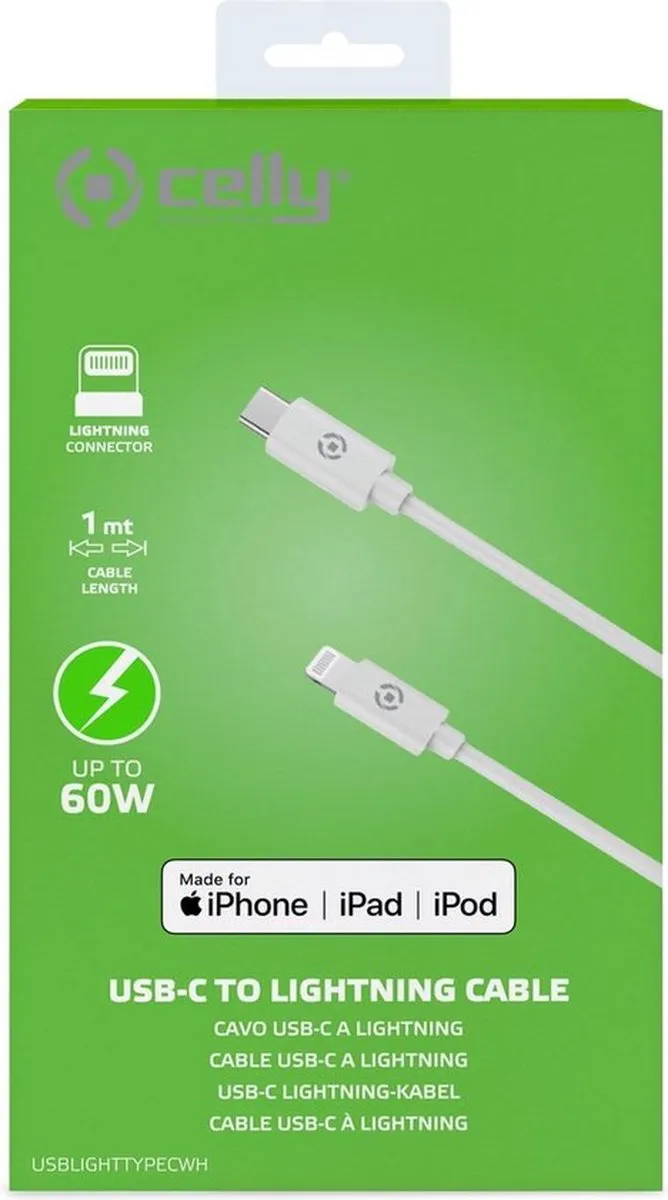 Celly USB-C naar Lightning Kabel 60W 1m - Wit