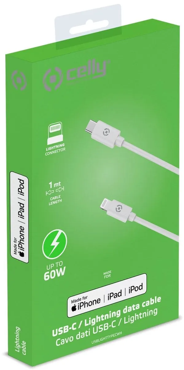 Celly USB-C naar Lightning Kabel 60W 1m - Wit