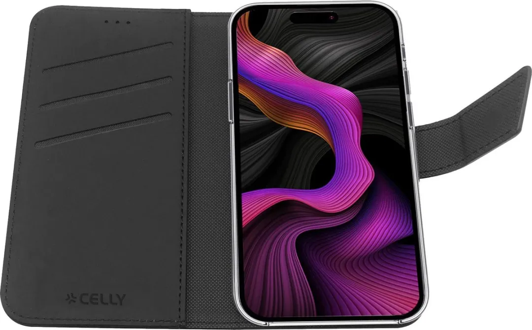 Celly Wally Bookcase Hoesje iPhone 15 Plus - Kunstleer Zwart - 3 Pasjes