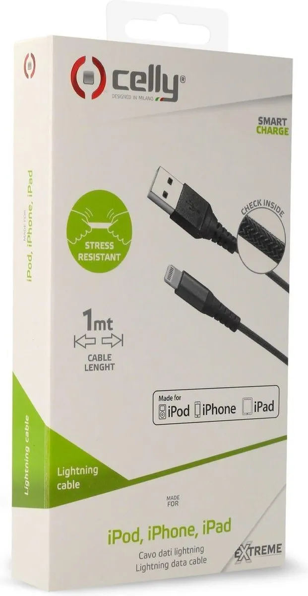 Celly Datakabel Lightning USBLIGHTNYLBK - Nylon - 1m - Zwart