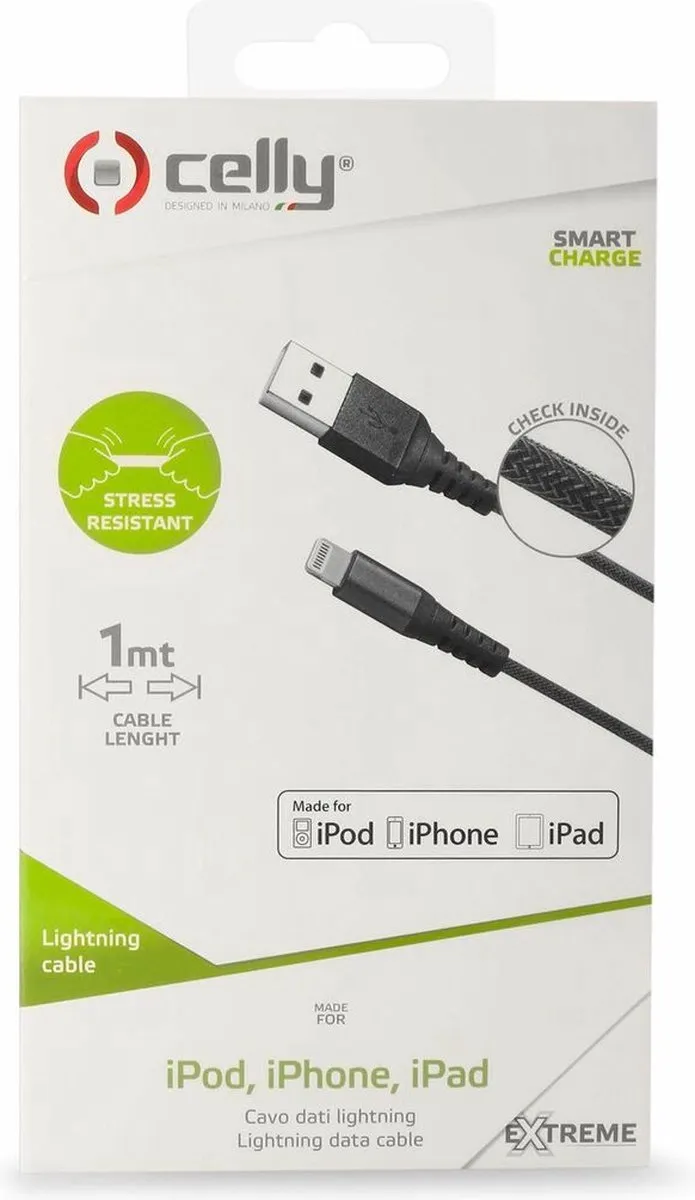 Celly Datakabel Lightning USBLIGHTNYLBK - Nylon - 1m - Zwart