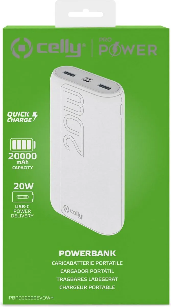 Celly Evo Powerbank PBPD20000EVOWH 20000mAh - 20W - 4 Outputs - Wit - afbeelding 2 van 4