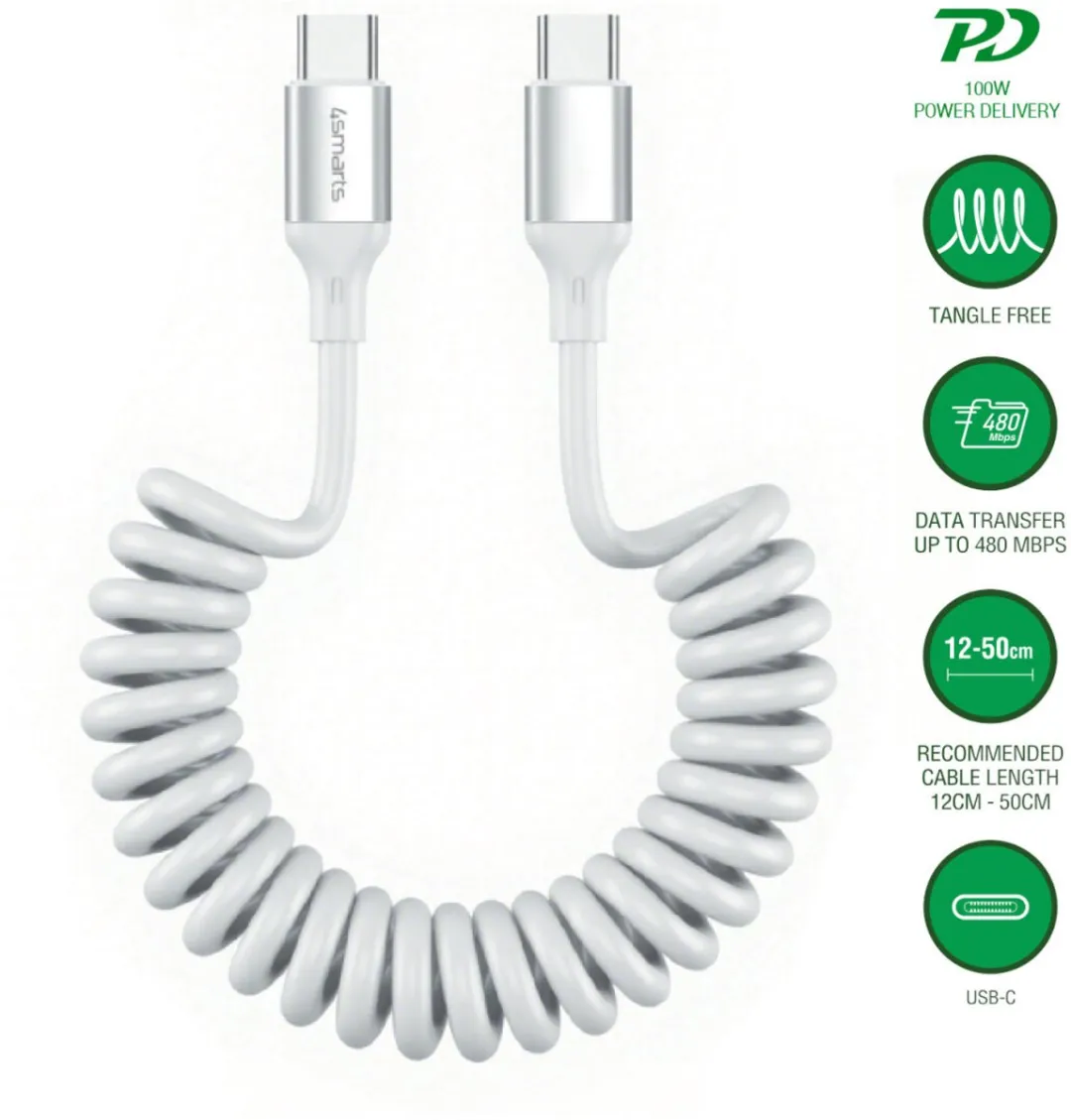 4Smarts USB-C Kabel 100W Spiraal 12-50cm Wit - 1 Paar