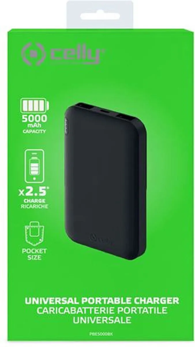 Celly Shock Powerbank 5000mAh - 4 Outputs - Zwart