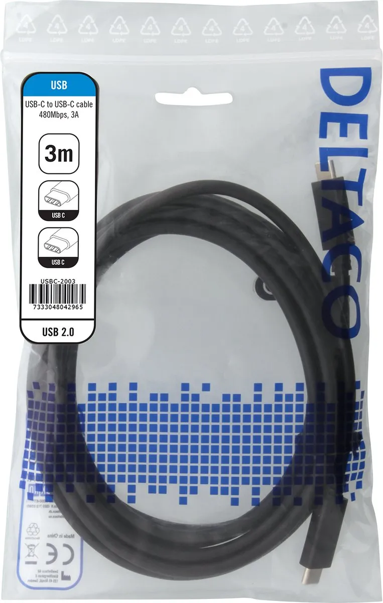 Deltaco USBC-2003 USB-C Oplaadkabel 3A 3m - Zwart