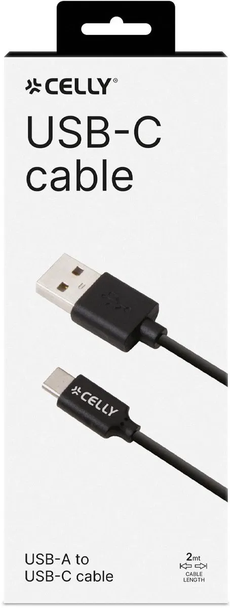 Celly USB-C2M USB-A naar USB-C Kabel 2m - 1Gbps - Zwart