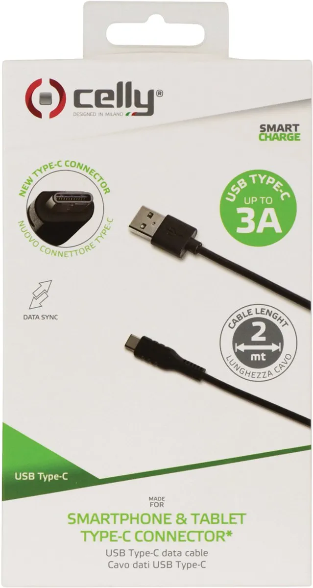 Celly USB-C2M USB-A naar USB-C Kabel 2m - 1Gbps - Zwart