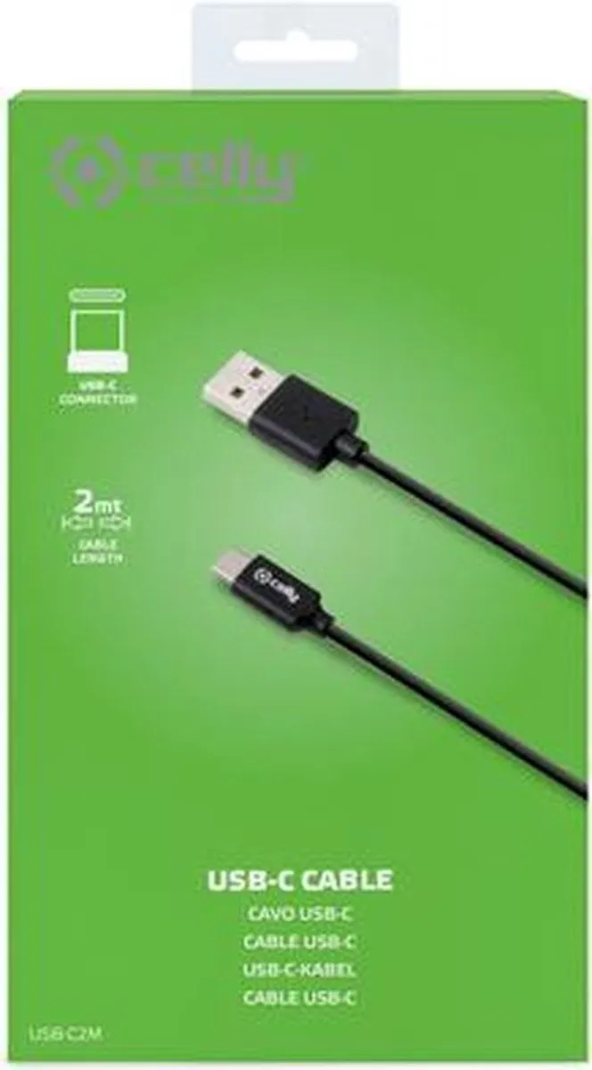 Celly USB-C2M USB-A naar USB-C Kabel 2m - 1Gbps - Zwart