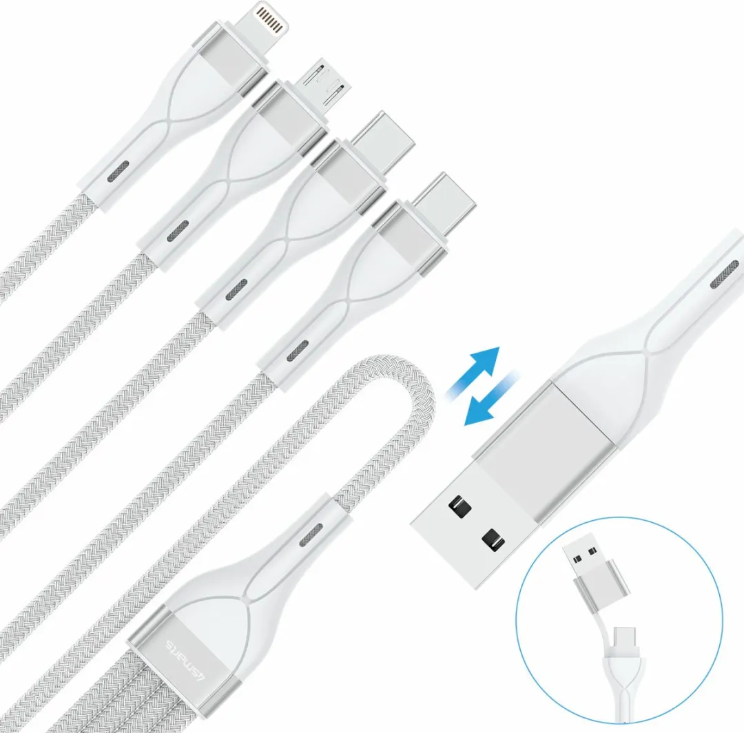 4Smarts 4-in-2 Kabel 1.2M Wit - USB/USB-C naar 2x USB-C/Lightning/Micro USB