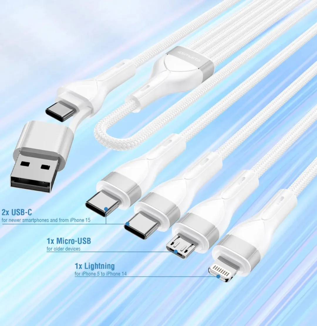 4Smarts 4-in-2 Kabel 1.2M Wit - USB/USB-C naar 2x USB-C/Lightning/Micro USB - afbeelding 6 van 6