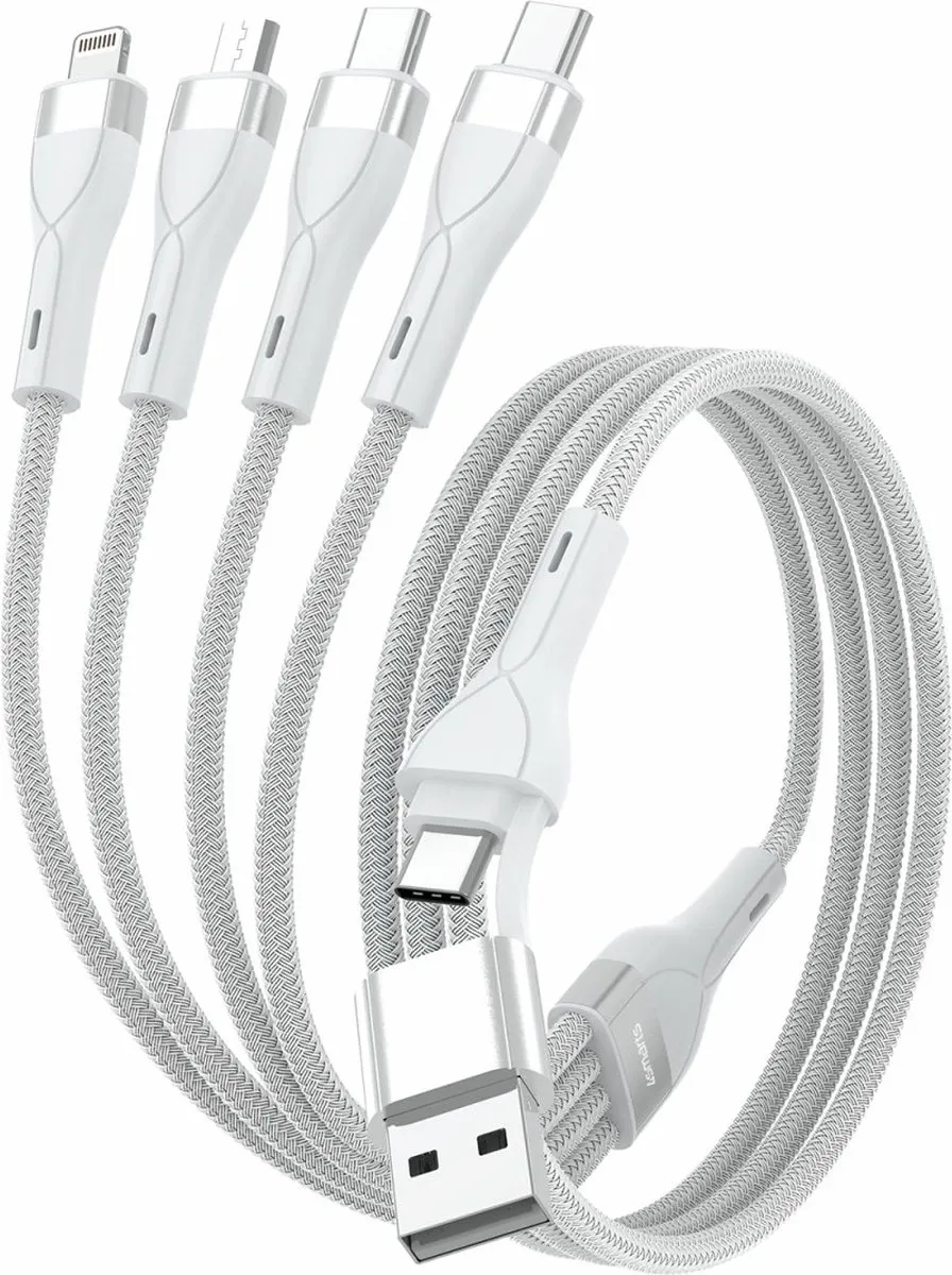 4Smarts 4-in-2 Kabel 1.2M Wit - USB/USB-C naar 2x USB-C/Lightning/Micro USB