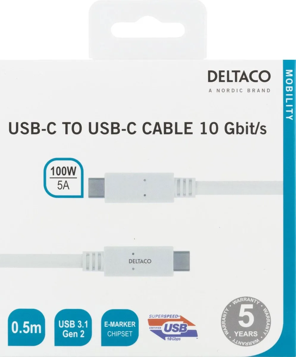 Deltaco USBC-1406M USB-C Kabel 10Gbit/s - Wit