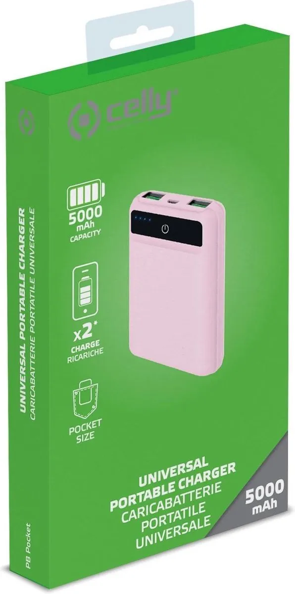 Celly Powerbank Pocket 5000mAh - 2x USB - Roze