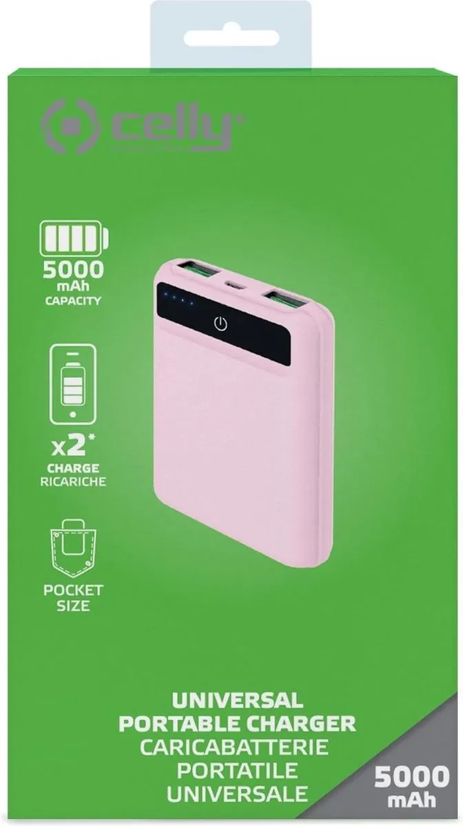 Celly Powerbank Pocket 5000mAh - 2x USB - Roze