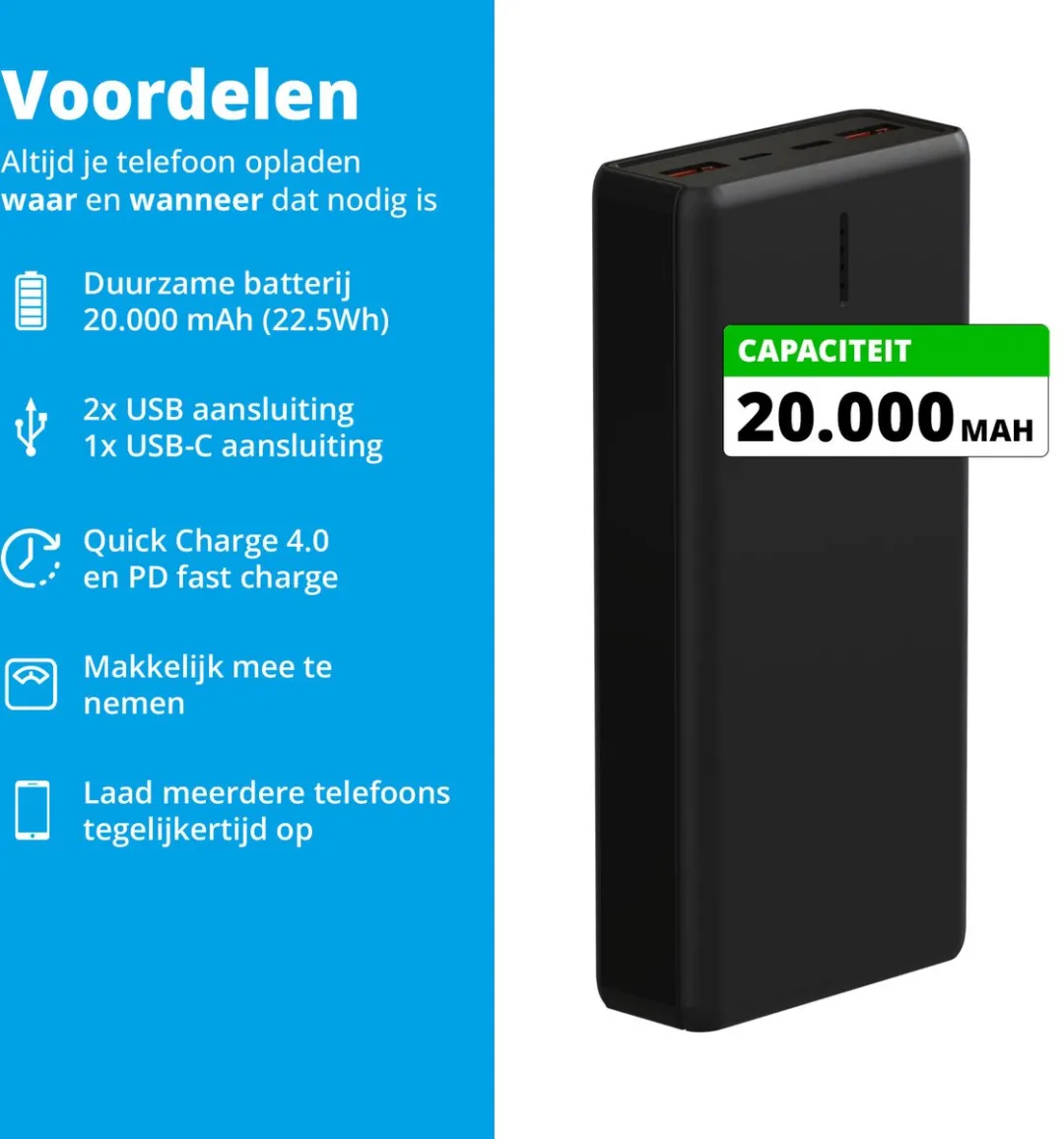FlinQ Powerbank FQC8333 20.000mAh - Zwart