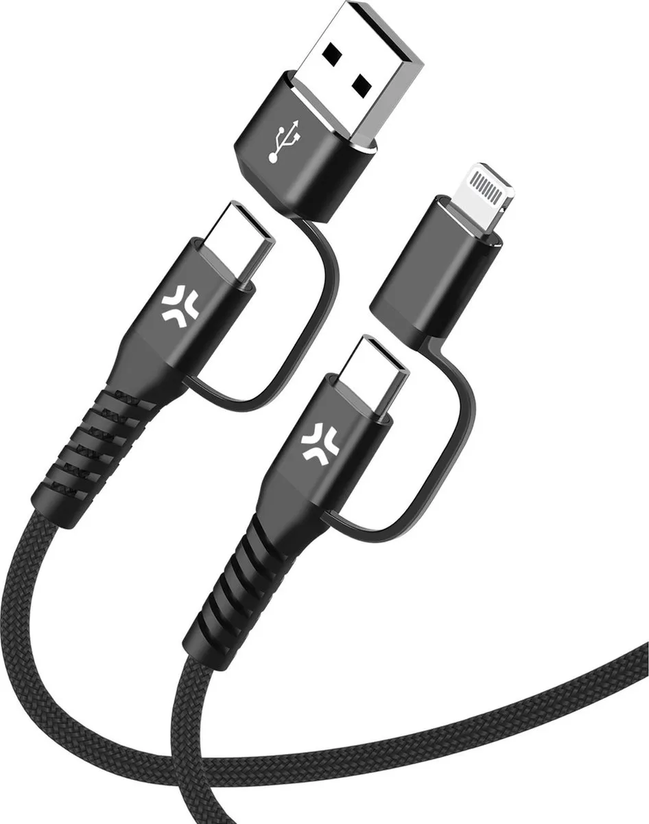 Celly USBC4IN1 USB-C Kabel - 4-in-1 met USB-A & Lightning - Zwart