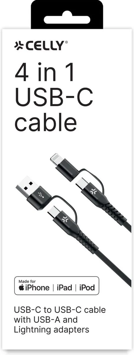 Celly USBC4IN1 USB-C Kabel - 4-in-1 met USB-A & Lightning - Zwart