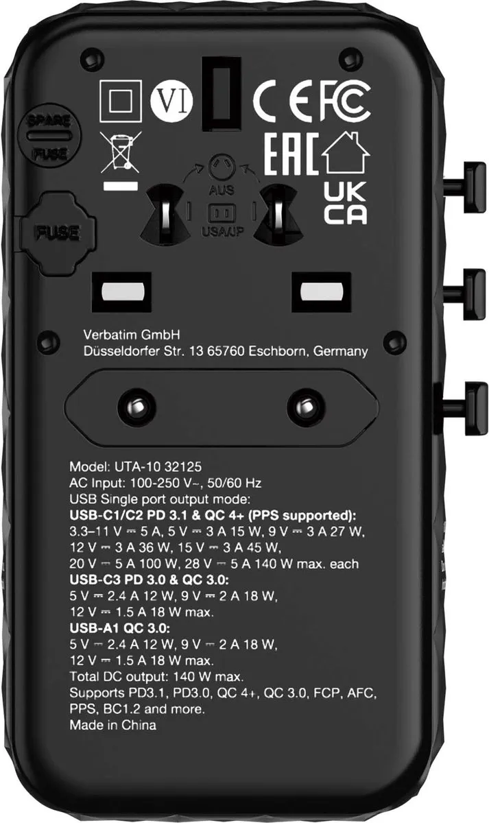 Verbatim UTA-10 Universele Reisadapter 140W - Zwart