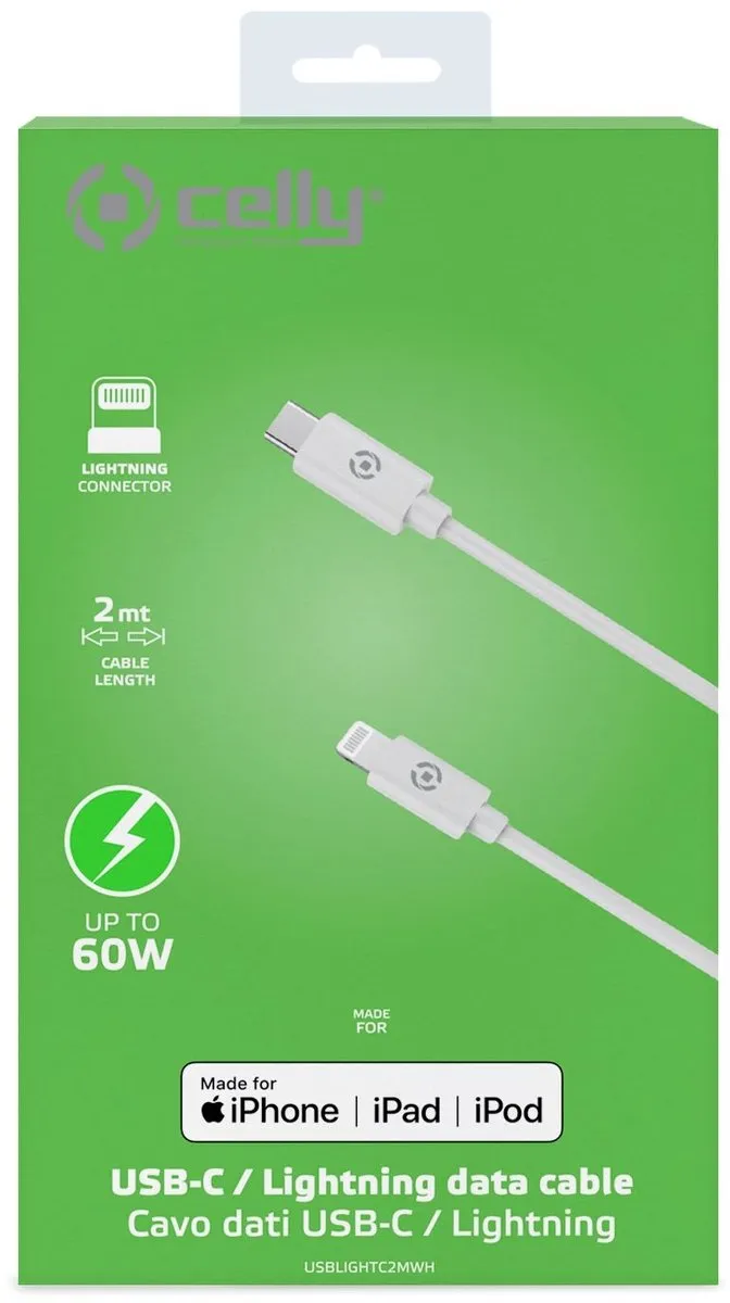 Celly Lightning/USB-C Kabel 2m - Wit