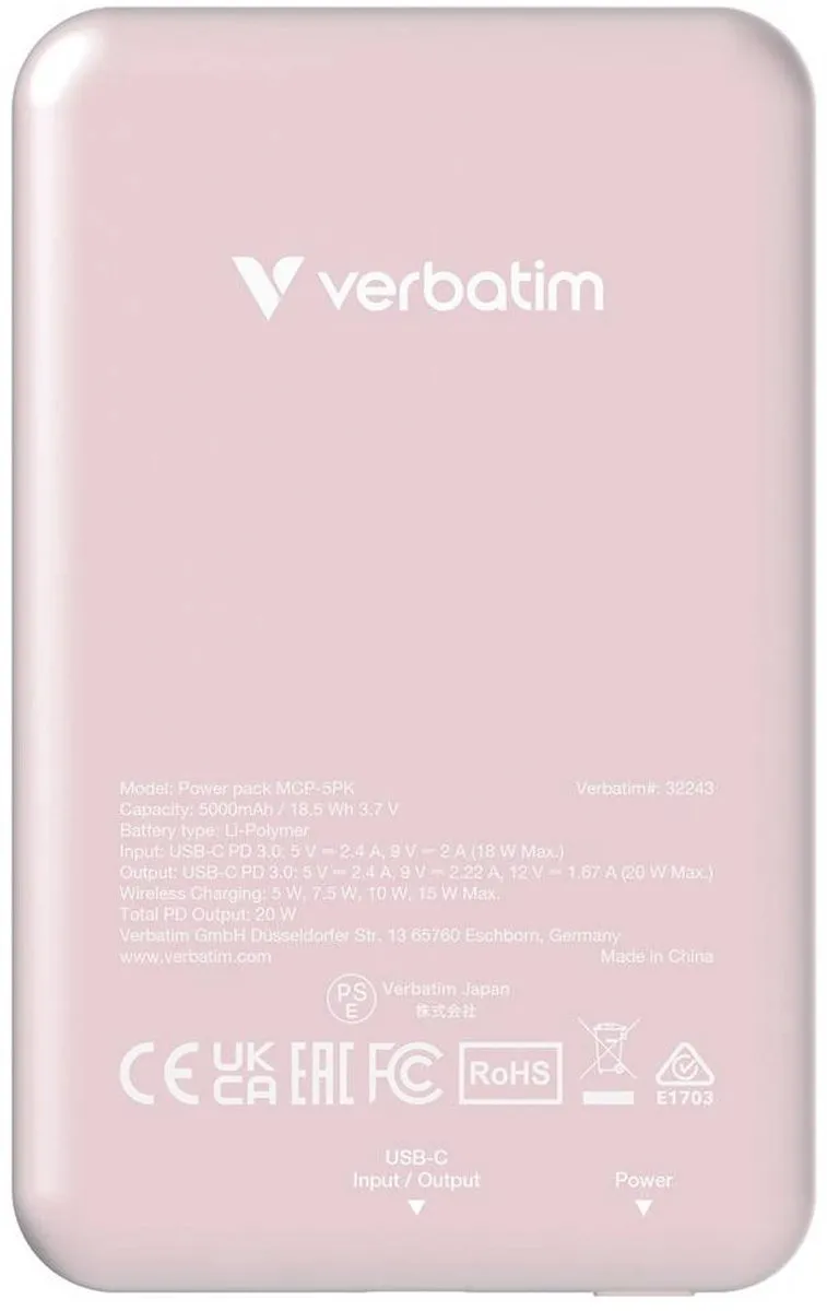 Verbatim Charge 'n' Go Power Bank 5000mAh - 15W - Roze