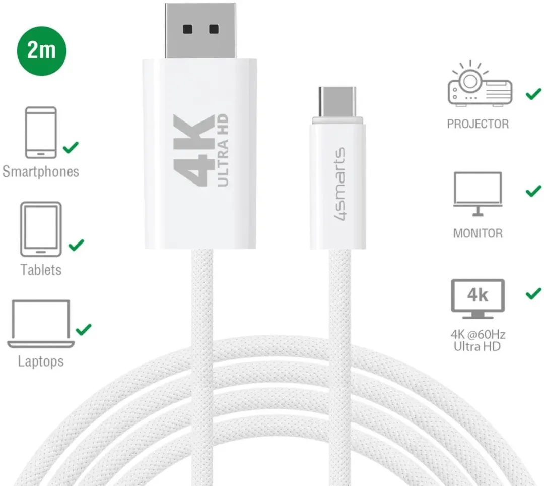 4Smarts USB-C naar DisplayPort Kabel 4K 60Hz 2m - Wit