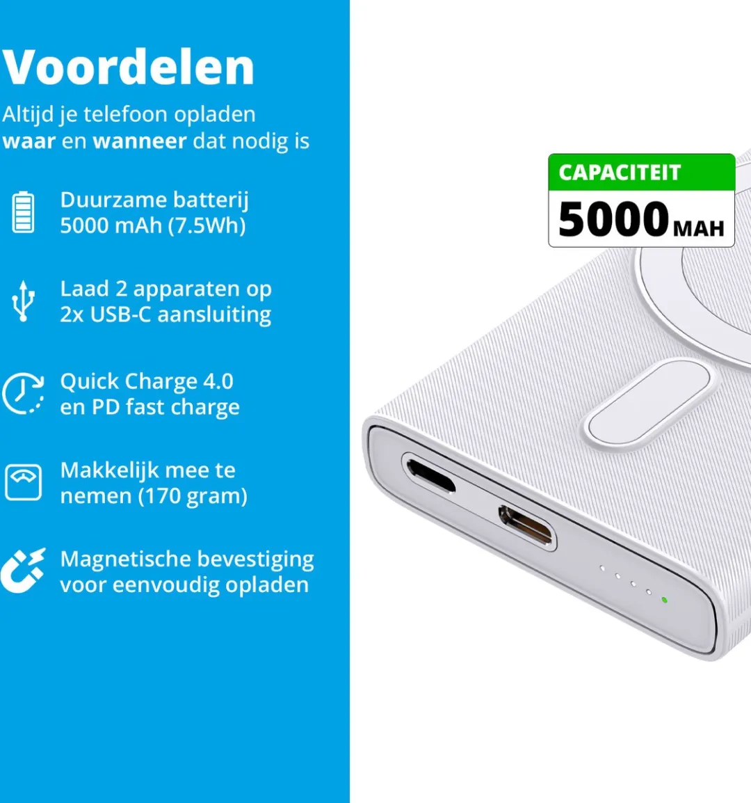 FlinQ FQC8334 Draadloze Powerbank 5000mAh - MagSafe - 2x USB - Wit - afbeelding 6 van 6