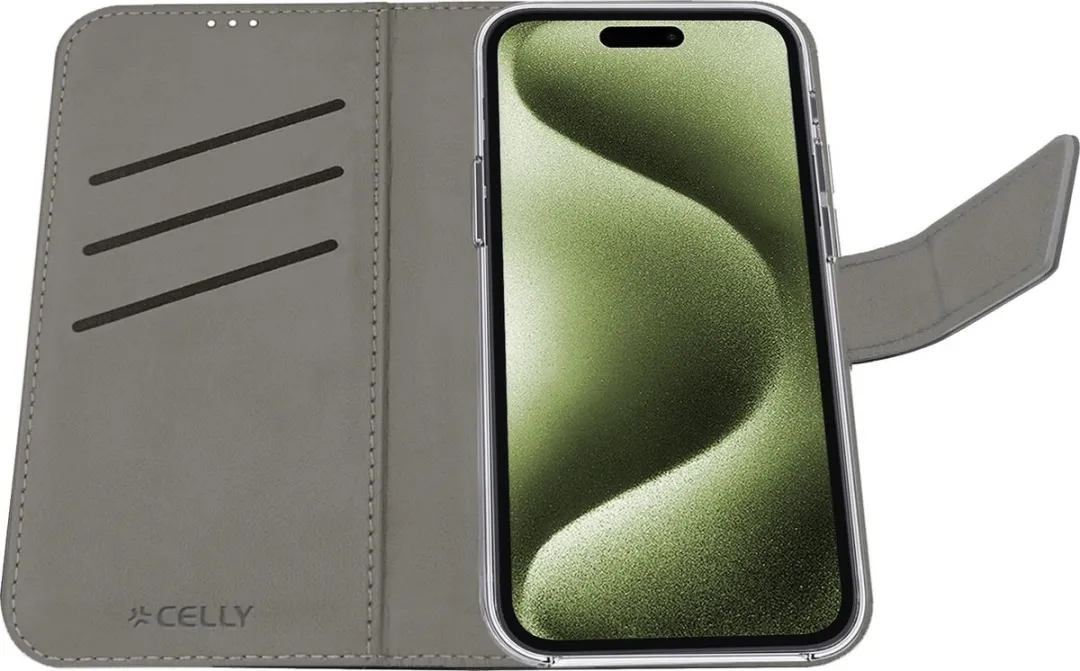 Celly Wally Bookcase Hoesje iPhone 16 - Kunstleer - 3 Pasjes - Zwart