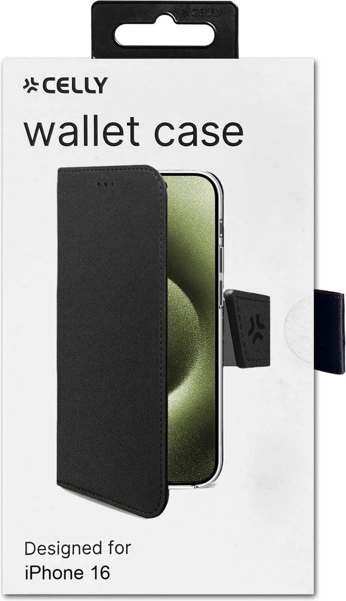 Celly Wally Bookcase Hoesje iPhone 16 - Kunstleer - 3 Pasjes - Zwart