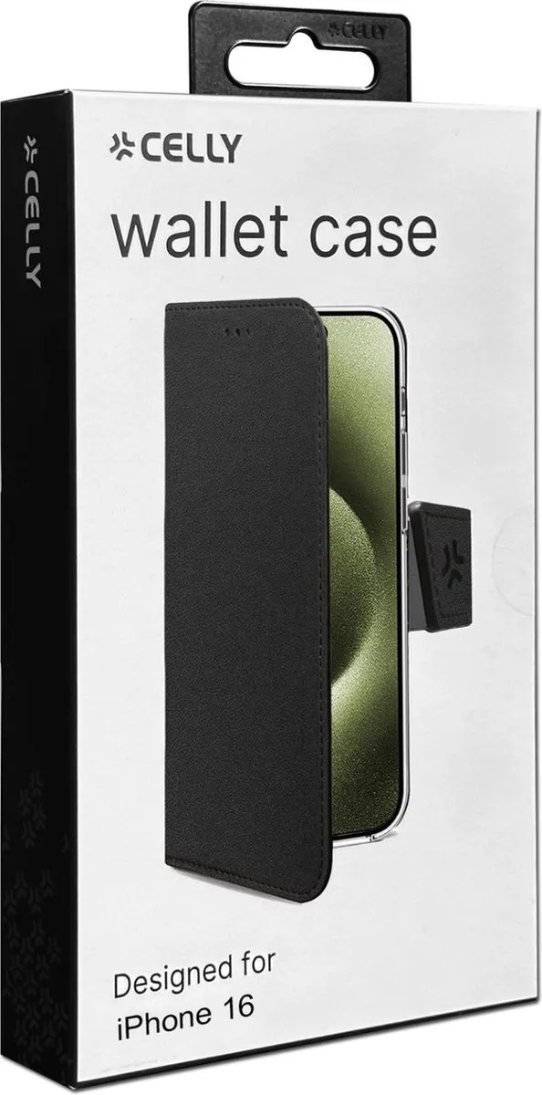 Celly Wally Bookcase Hoesje iPhone 16 - Kunstleer - 3 Pasjes - Zwart