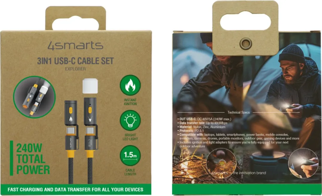 4Smarts USB-C 240W 3-in-1 Kabel 1.5M - Zwart