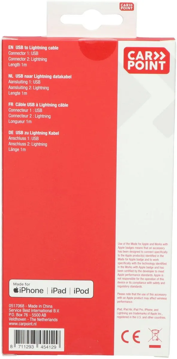 Carpoint Lightning Kabel USB naar MFI 8 pins 1m - Wit