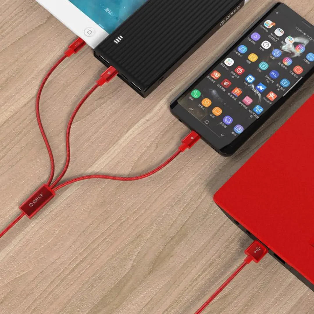 ORICO ORI-UTS-12-RD Laadkabel - USB-C/Lightning/Micro-USB 3A - 1.2m - Rood