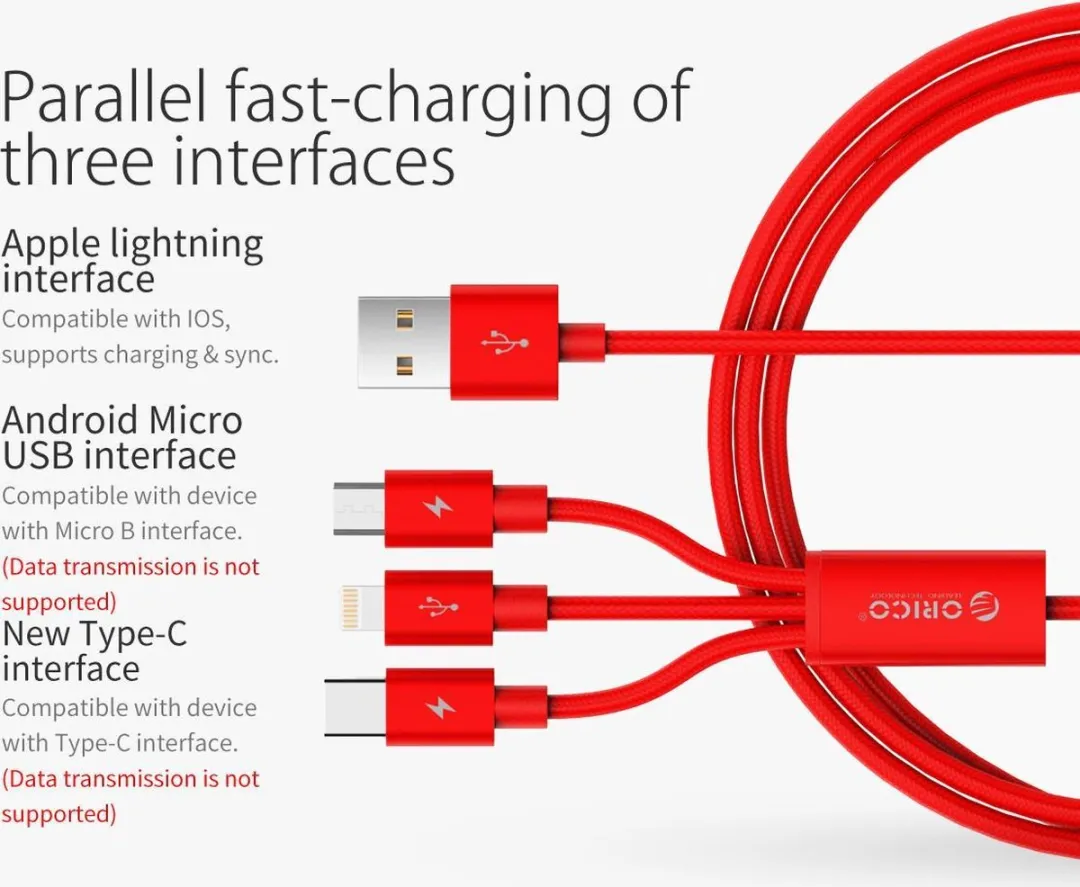 ORICO ORI-UTS-12-RD Laadkabel - USB-C/Lightning/Micro-USB 3A - 1.2m - Rood