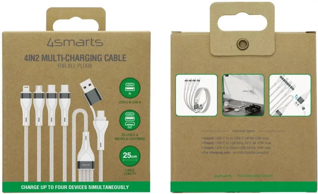 4Smarts 4in2 Multi Oplaadkabel 25cm - Wit - afbeelding 6 van 6