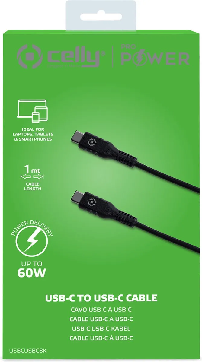 Celly USB-C naar USB-C Kabel 60W Power Delivery - 1m - Zwart