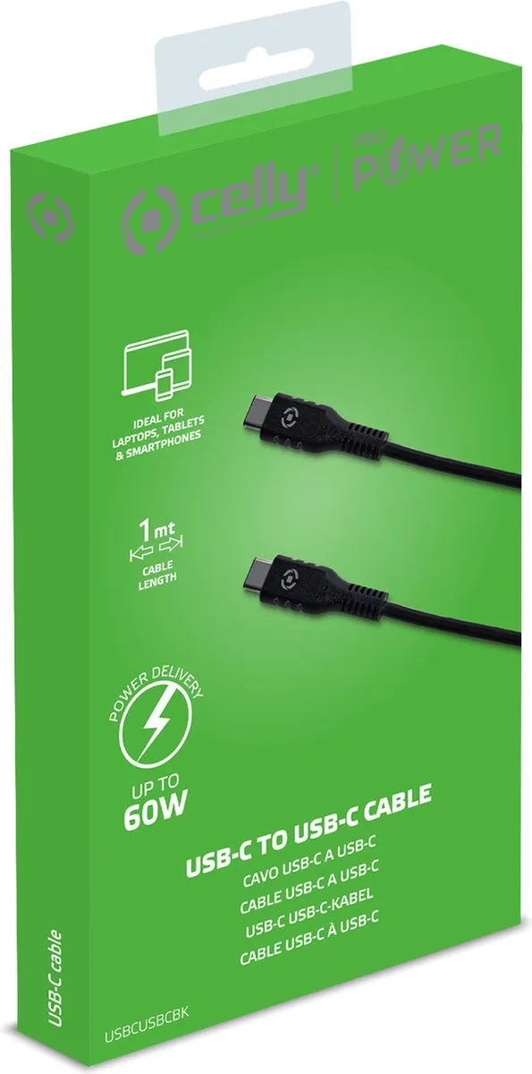 Celly USB-C naar USB-C Kabel 60W Power Delivery - 1m - Zwart